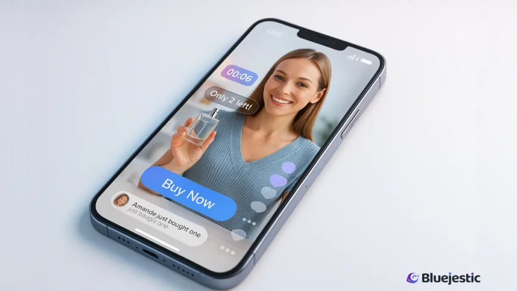 mobile phone displaying live social shopping with instant messaging representing consumer behavior.
